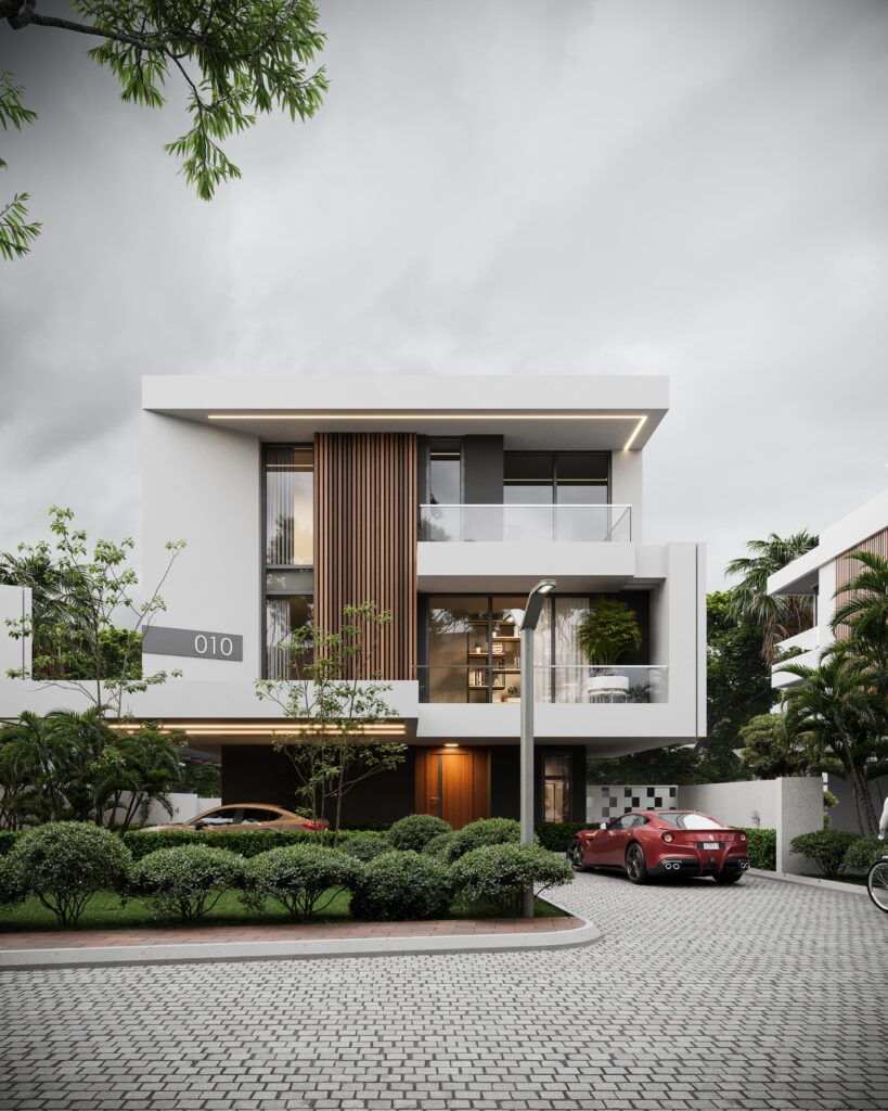 5 Bedroom Villa In Jabi Abuja - Myari Lakeside Exterior view of a modern 5-bedroom villa at Myari Lakeside Estate in Jabi, Abuja. The property features contemporary architecture, private outdoor space, and access to estate amenities.